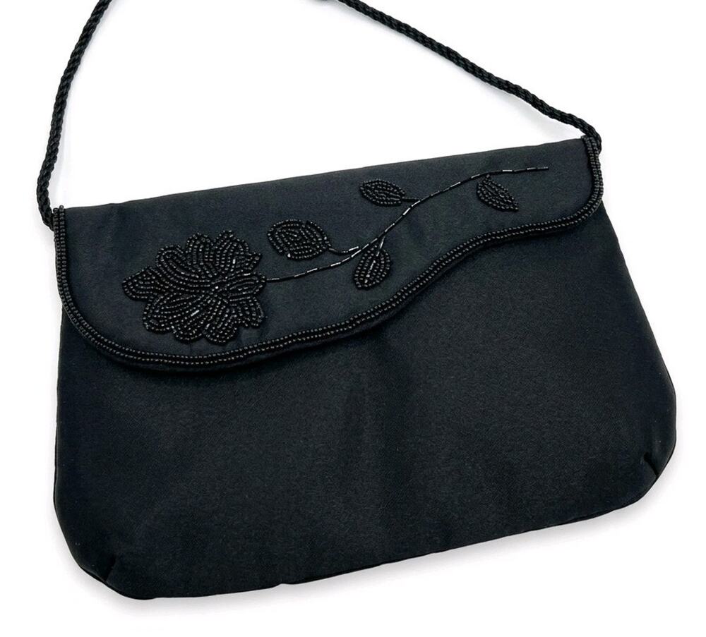 Vintage Genie Black Satin Beaded Floral Shoulder Bag Evening Clutch NWOT